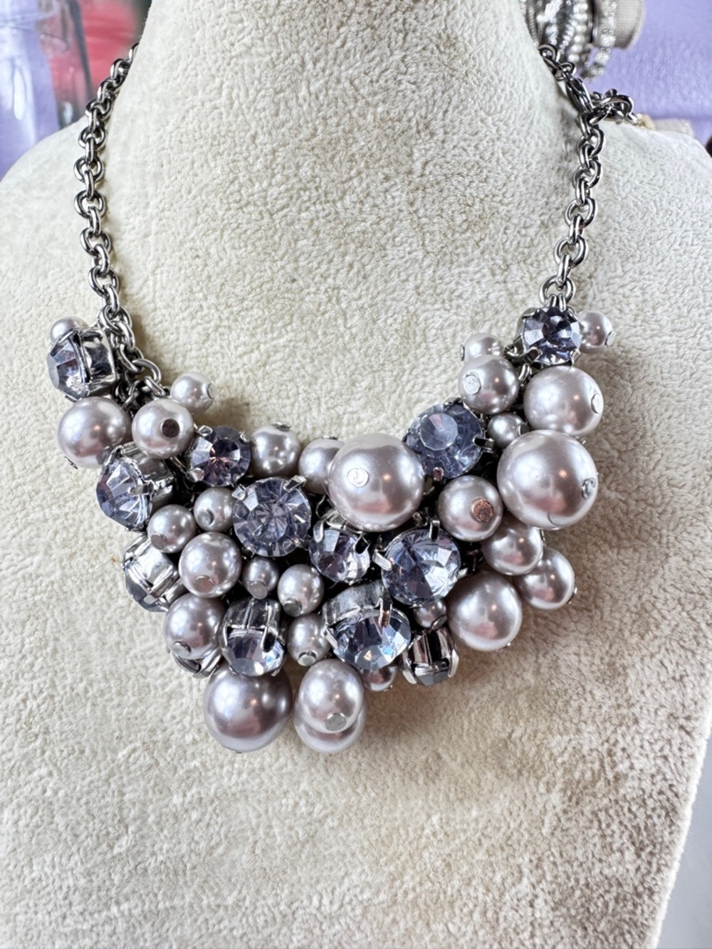 Zara Silver-Tone Pearl & Crystal Cluster Necklace